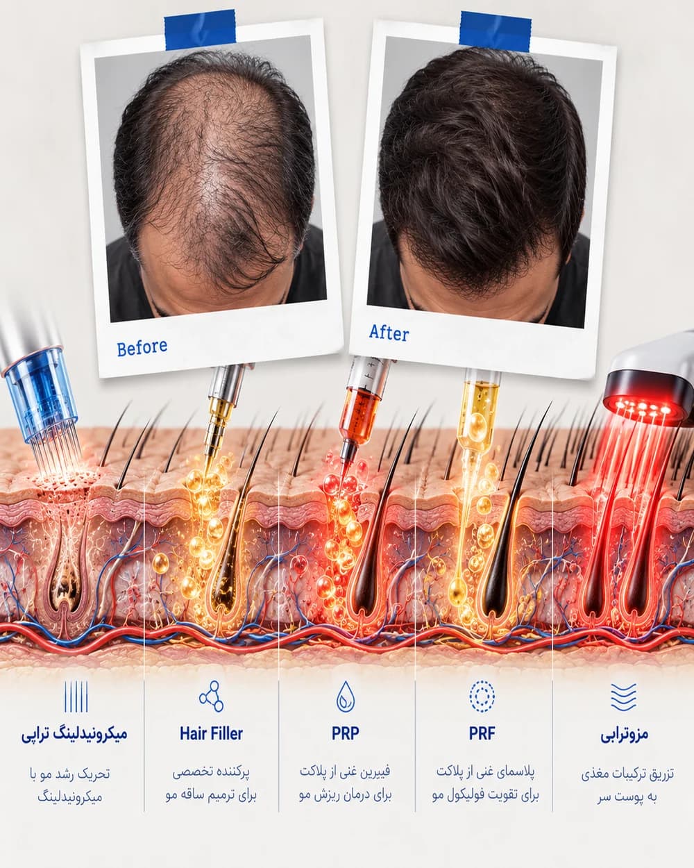 درمانهای مو در راوا: میکرونیدلینگ، هیر فیلر، PRP، PRF و مزوتراپی، روی مقطع پوست سر